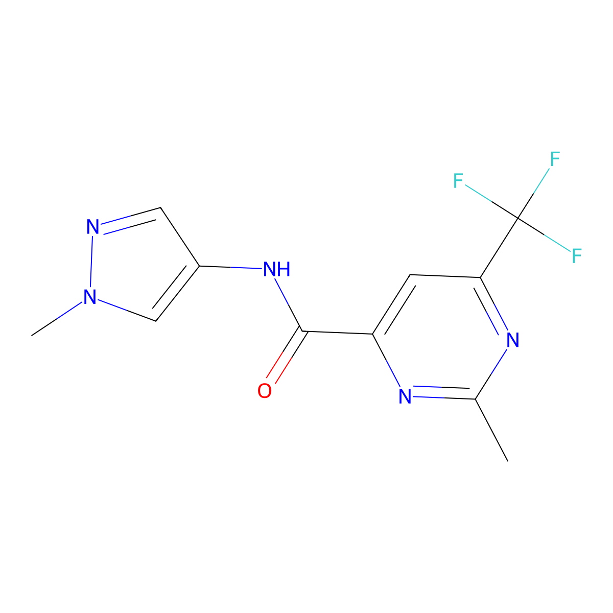 2-methyl-N-(1-methyl-1H-pyrazol-4-yl)-6-(trifluoromethyl)pyrimidine-4-carboxamide molecular structure, CAS 2415569-46-7