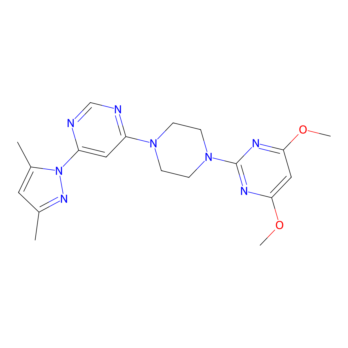 2-{4-[6-(3,5-dimethyl-1H-pyrazol-1-yl)pyrimidin-4-yl]piperazin-1-yl}-4,6-dimethoxypyrimidine molecular structure, CAS 2415569-53-6