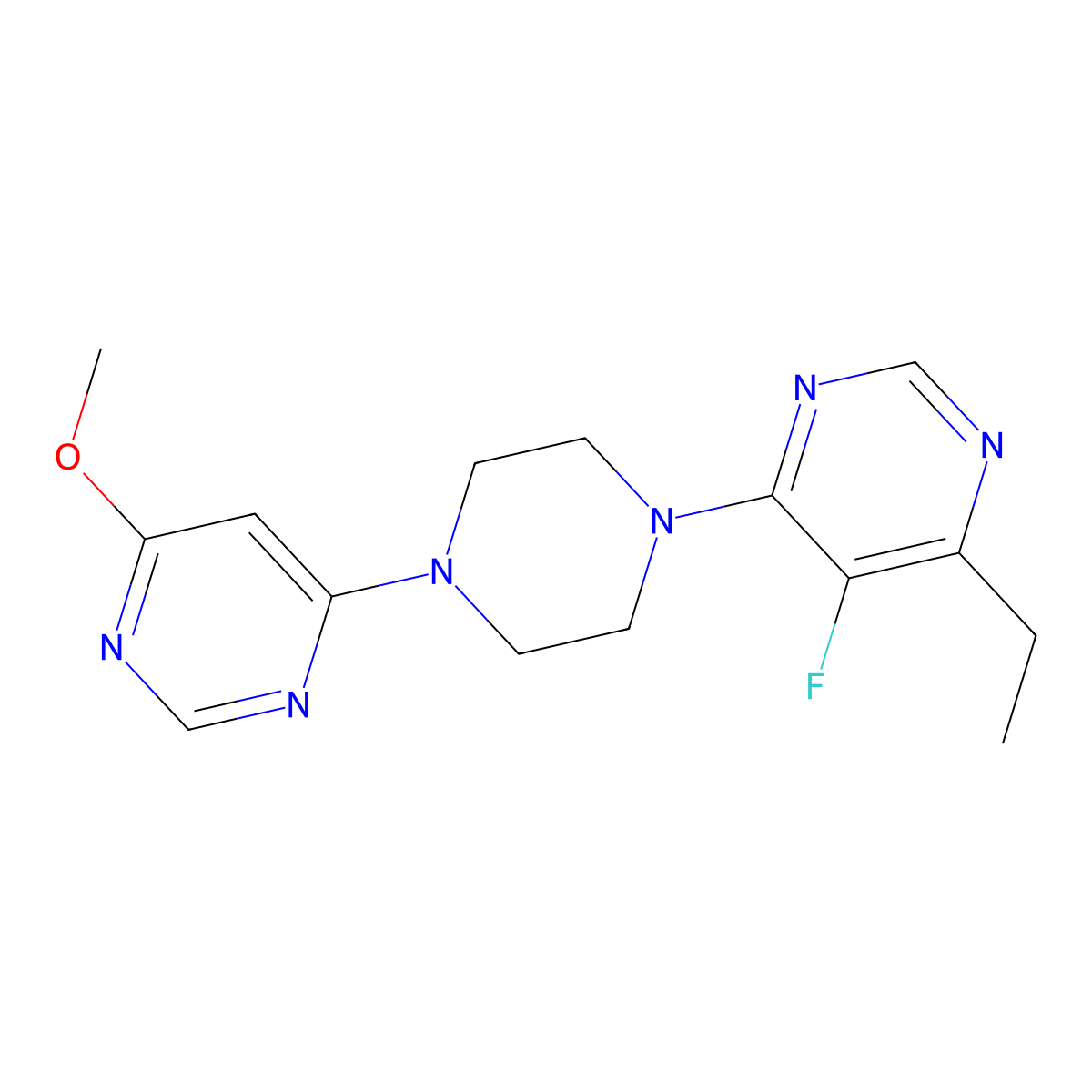 4-Ethyl-5-fluoro-6-[4-(6-methoxypyrimidin-4-yl)piperazin-1-yl]pyrimidine molecular structure, CAS 2415569-69-4