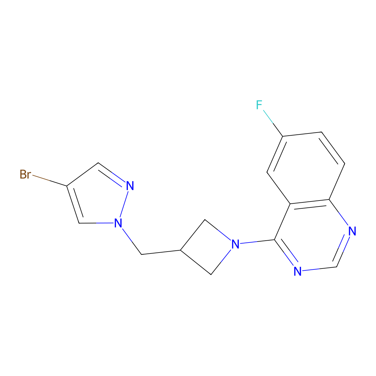 4-{3-[(4-bromo-1H-pyrazol-1-yl)methyl]azetidin-1-yl}-6-fluoroquinazoline molecular structure, CAS 2415569-73-0