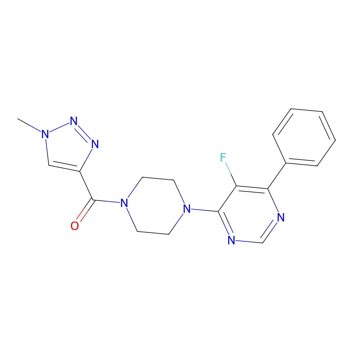 5-fluoro-4-[4-(1-methyl-1H-1,2,3-triazole-4-carbonyl)piperazin-1-yl]-6-phenylpyrimidine molecular structure, CAS 2415569-74-1