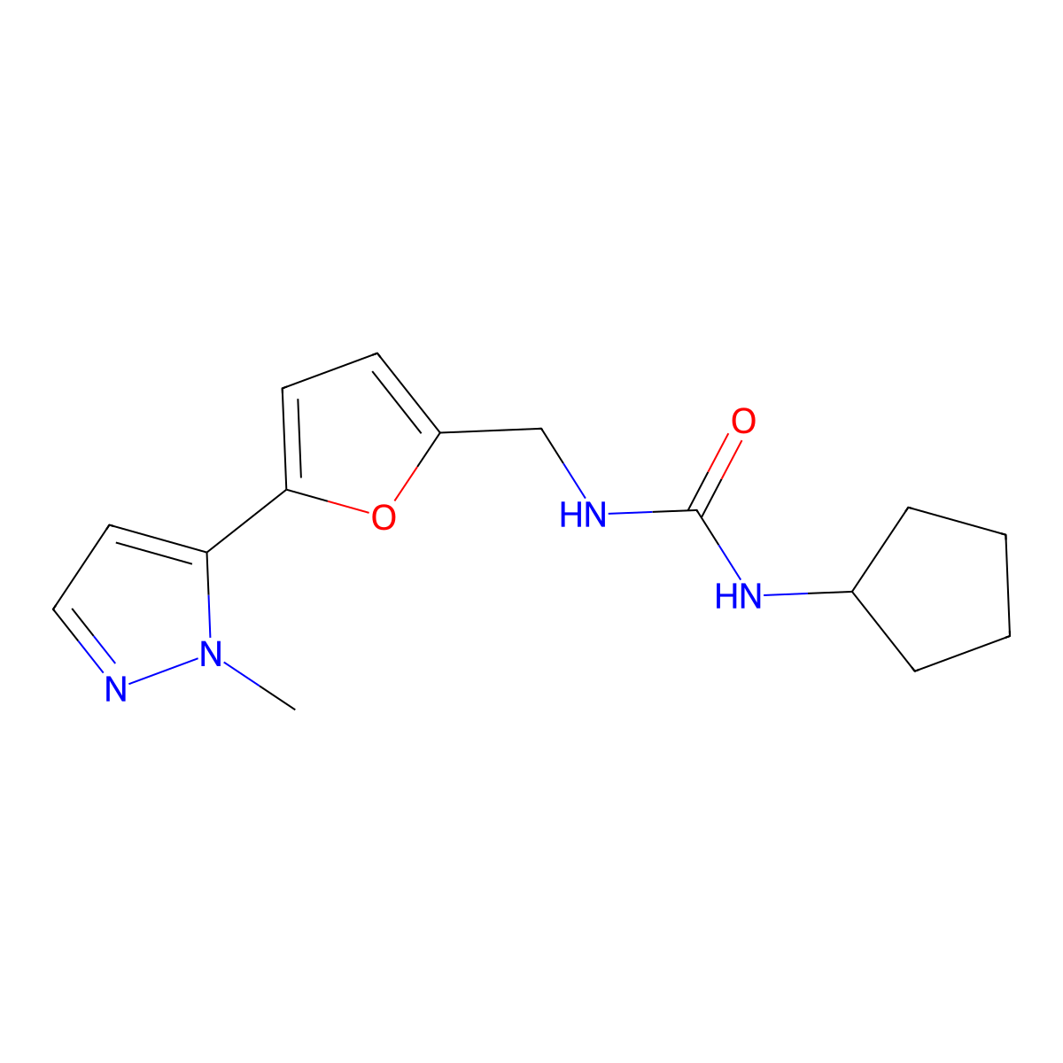 1-cyclopentyl-3-{[5-(1-methyl-1H-pyrazol-5-yl)furan-2-yl]methyl}urea molecular structure, CAS 2415569-80-9
