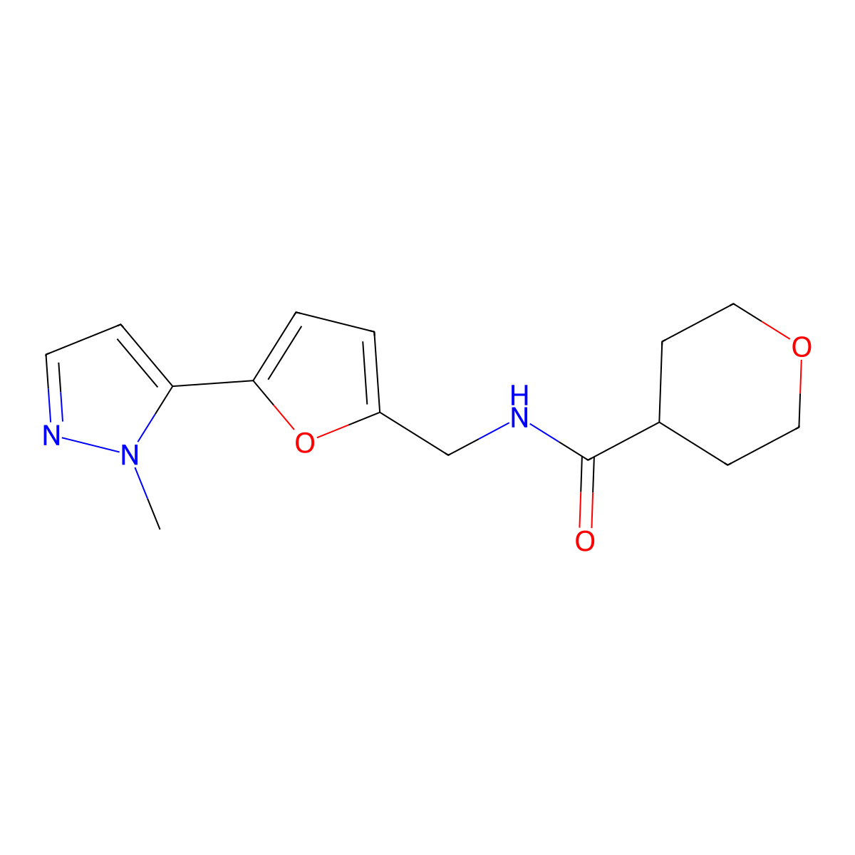 N-{[5-(1-methyl-1H-pyrazol-5-yl)furan-2-yl]methyl}oxane-4-carboxamide molecular structure, CAS 2415569-82-1