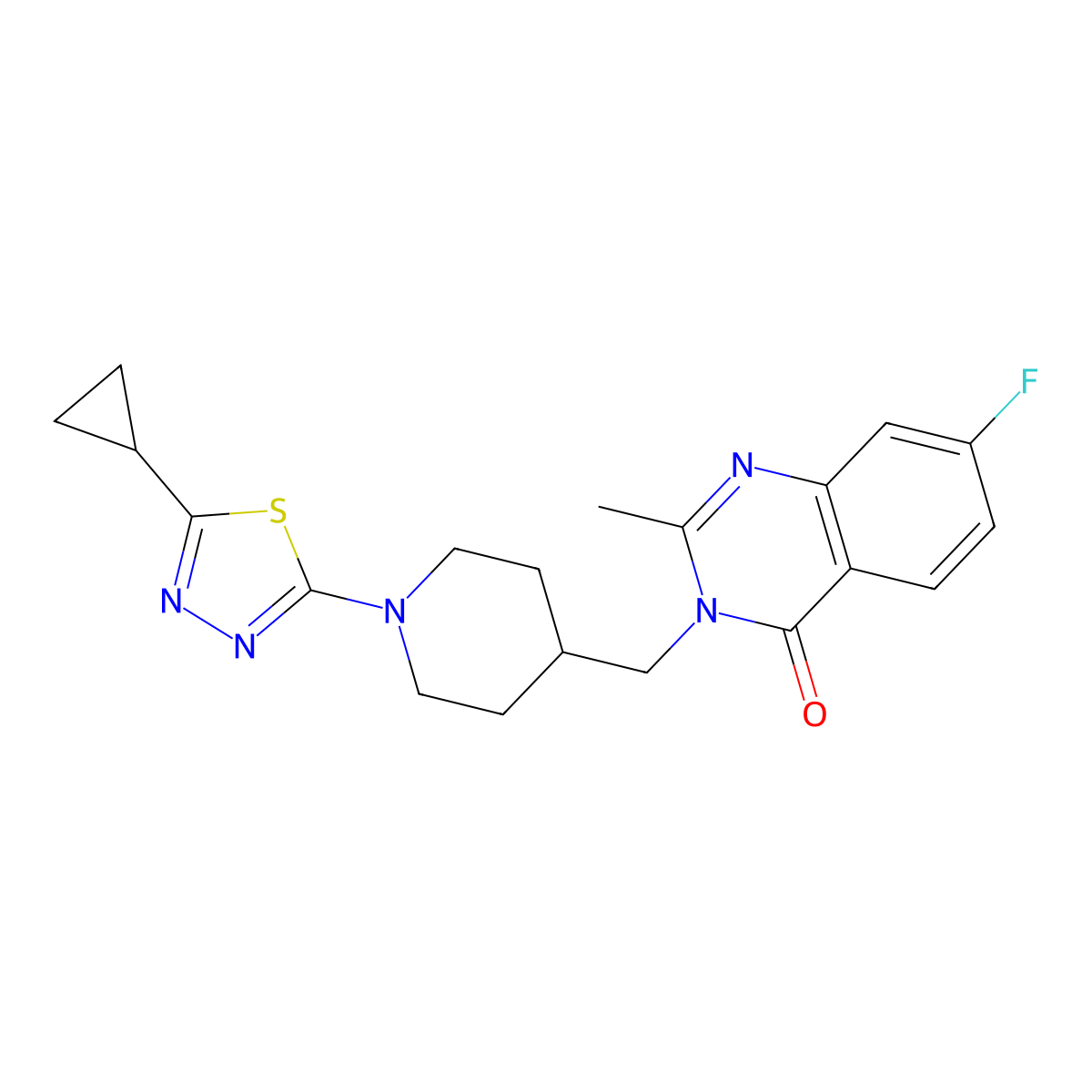 3-{[1-(5-Cyclopropyl-1,3,4-thiadiazol-2-yl)piperidin-4-yl]methyl}-7-fluoro-2-methyl-3,4-dihydroquinazolin-4-one molecular structure, CAS 2415569-88-7