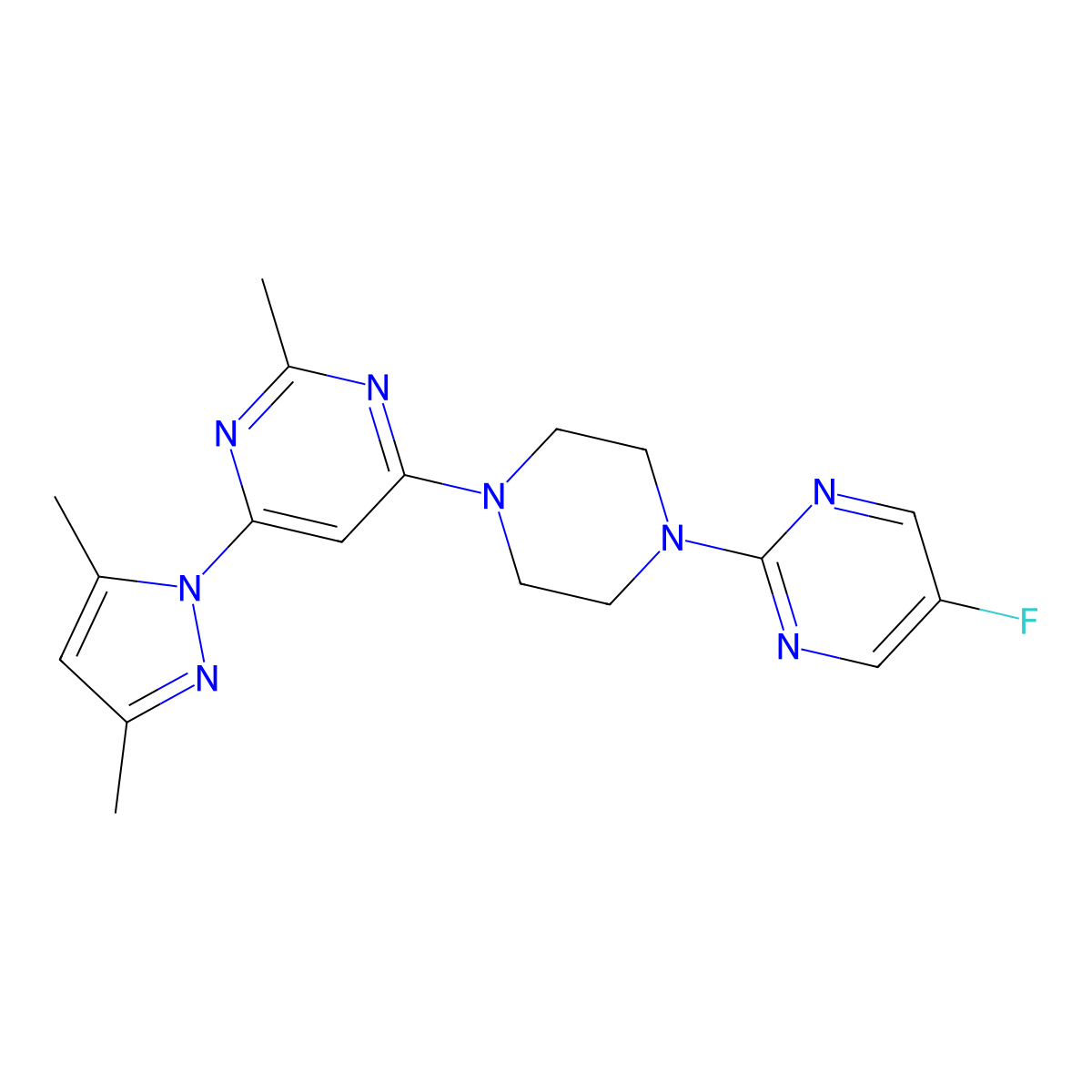 4-(3,5-dimethyl-1H-pyrazol-1-yl)-6-[4-(5-fluoropyrimidin-2-yl)piperazin-1-yl]-2-methylpyrimidine molecular structure, CAS 2415569-89-8