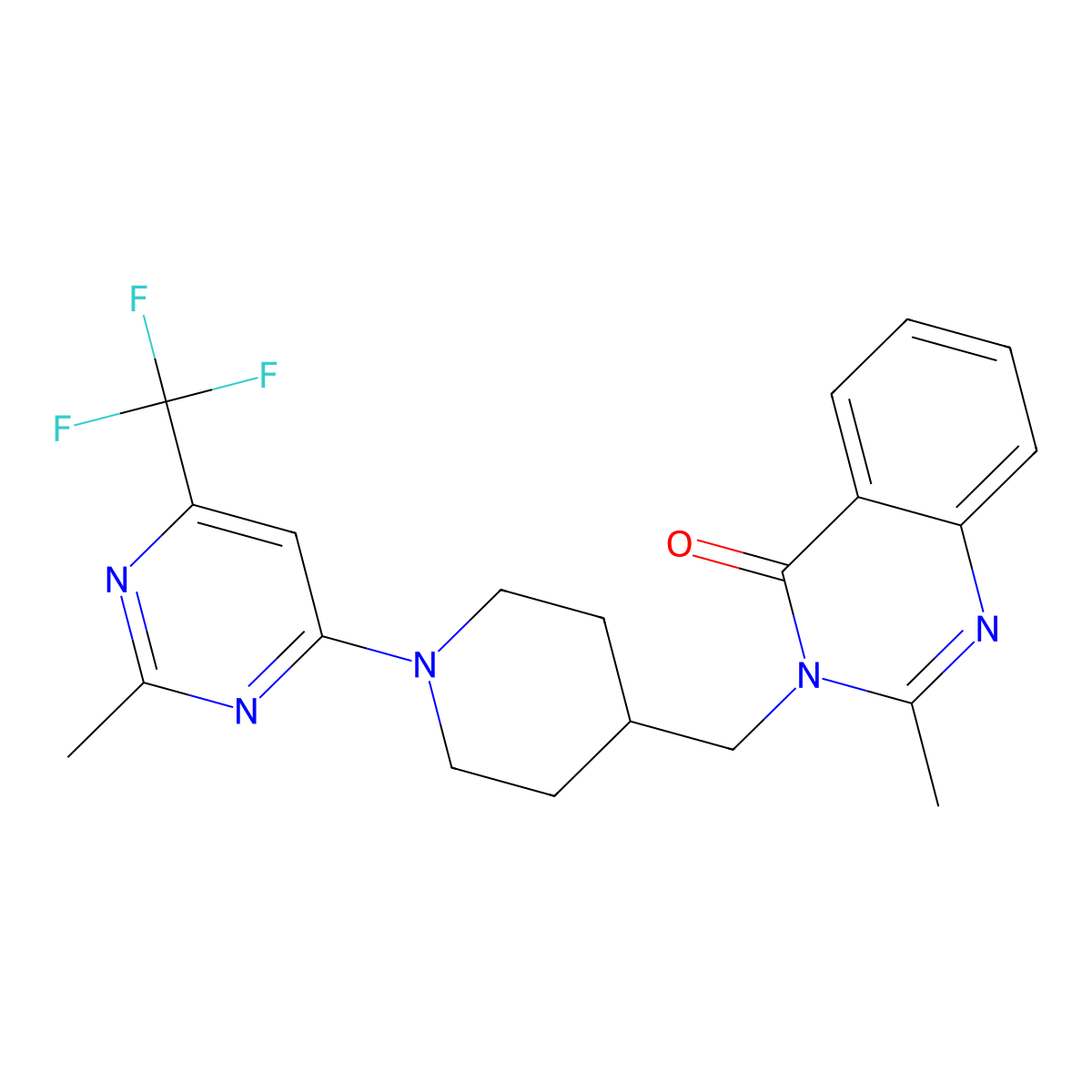 2-Methyl-3-({1-[2-methyl-6-(trifluoromethyl)pyrimidin-4-yl]piperidin-4-yl}methyl)-3,4-dihydroquinazolin-4-one molecular structure, CAS 2415569-91-2