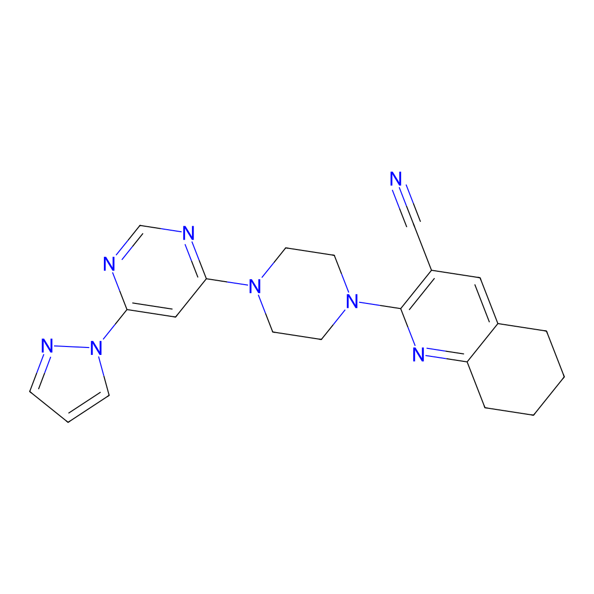 2-{4-[6-(1H-pyrazol-1-yl)pyrimidin-4-yl]piperazin-1-yl}-5,6,7,8-tetrahydroquinoline-3-carbonitrile molecular structure, CAS 2415569-93-4