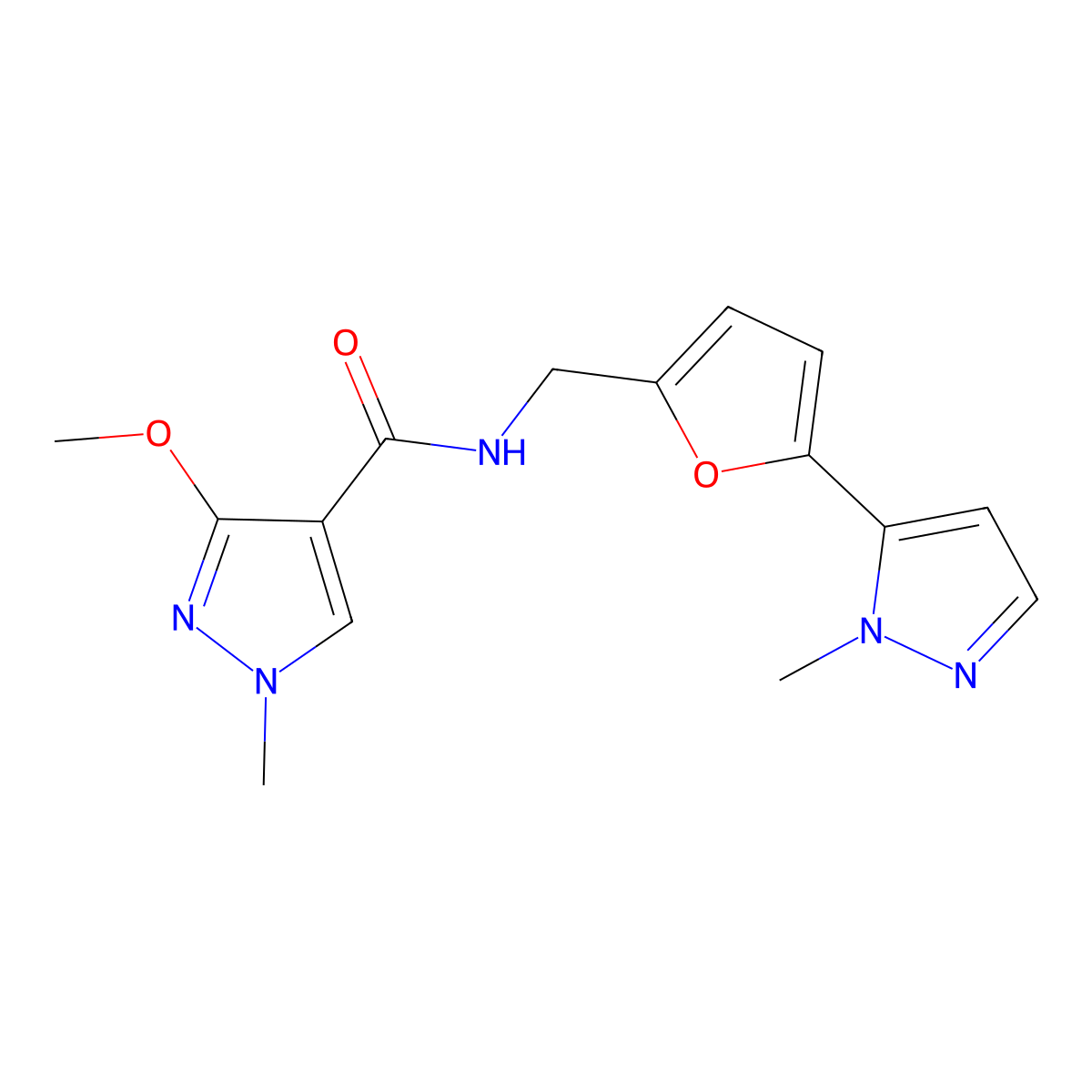 3-methoxy-1-methyl-N-{[5-(1-methyl-1H-pyrazol-5-yl)furan-2-yl]methyl}-1H-pyrazole-4-carboxamide molecular structure, CAS 2415569-94-5