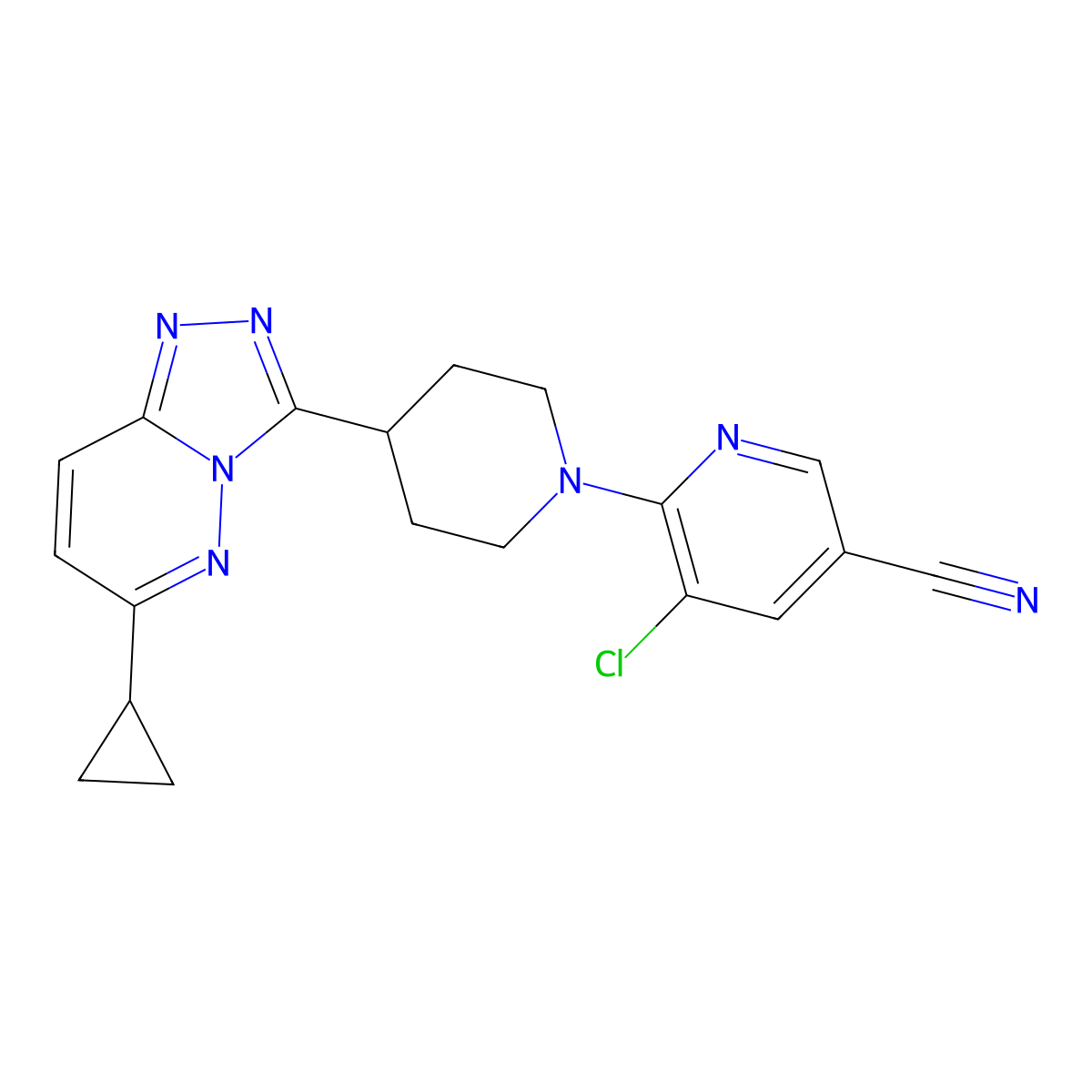 5-Chloro-6-(4-{6-cyclopropyl-[1,2,4]triazolo[4,3-b]pyridazin-3-yl}piperidin-1-yl)pyridine-3-carbonitrile molecular structure, CAS 2415569-97-8