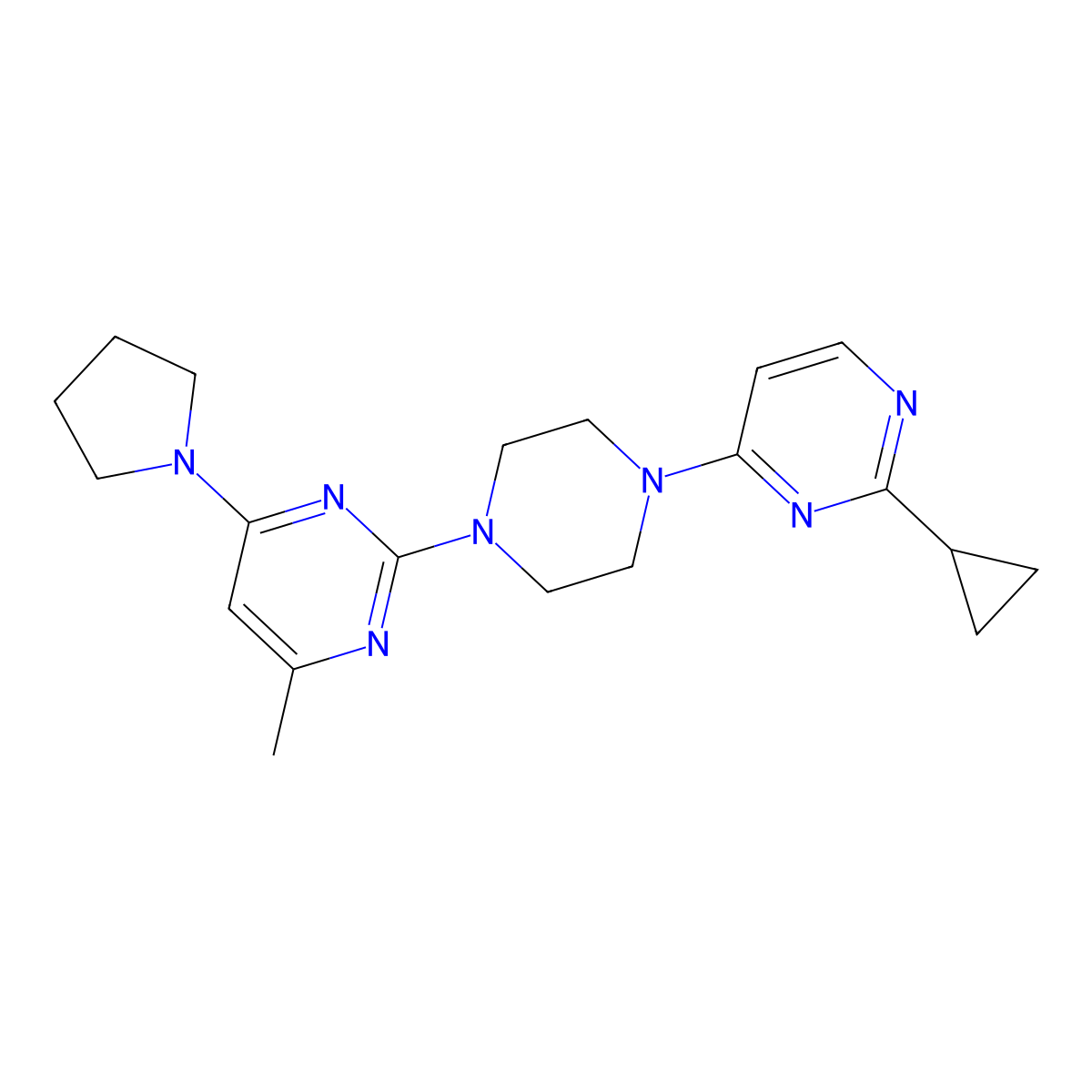 2-[4-(2-Cyclopropylpyrimidin-4-yl)piperazin-1-yl]-4-methyl-6-(pyrrolidin-1-yl)pyrimidine molecular structure, CAS 2415570-13-5