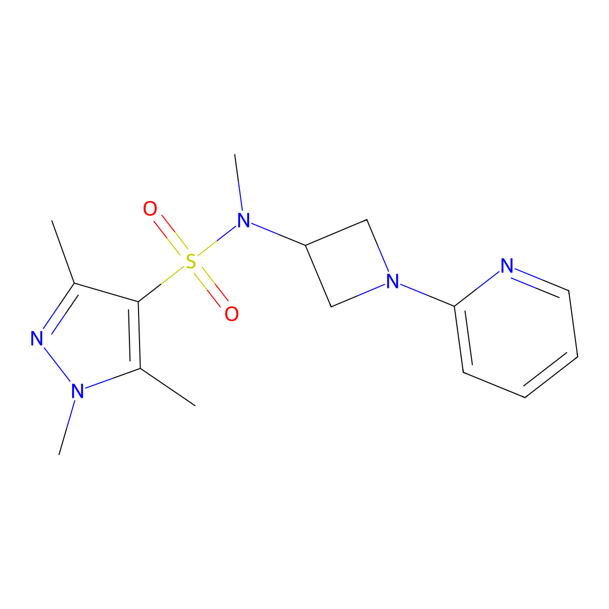 N,1,3,5-tetramethyl-N-[1-(pyridin-2-yl)azetidin-3-yl]-1H-pyrazole-4-sulfonamide molecular structure, CAS 2415570-24-8