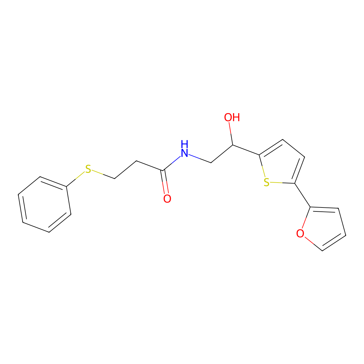 N-{2-[5-(furan-2-yl)thiophen-2-yl]-2-hydroxyethyl}-3-(phenylsulfanyl)propanamide molecular structure, CAS 2415570-30-6