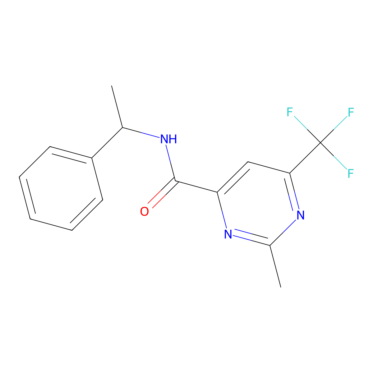 2-Methyl-N-(1-phenylethyl)-6-(trifluoromethyl)pyrimidine-4-carboxamide molecular structure, CAS 2415570-31-7