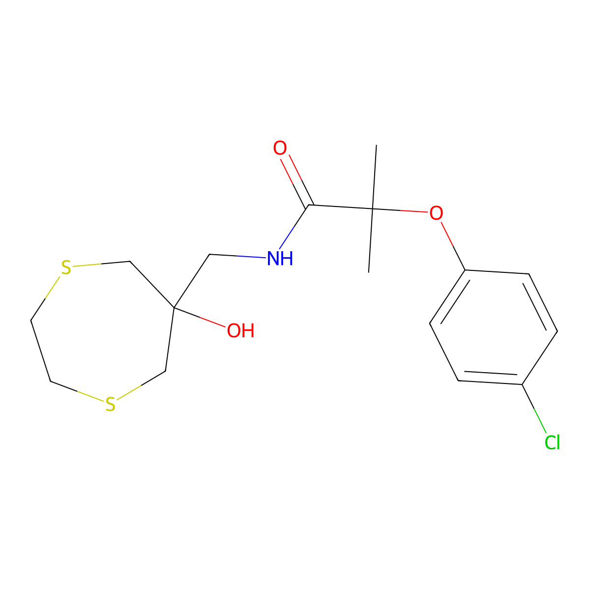 2-(4-Chlorophenoxy)-N-[(6-hydroxy-1,4-dithiepan-6-yl)methyl]-2-methylpropanamide molecular structure, CAS 2415570-39-5