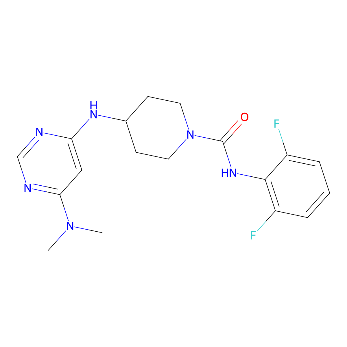 N-(2,6-difluorophenyl)-4-{[6-(dimethylamino)pyrimidin-4-yl]amino}piperidine-1-carboxamide molecular structure, CAS 2415570-51-1