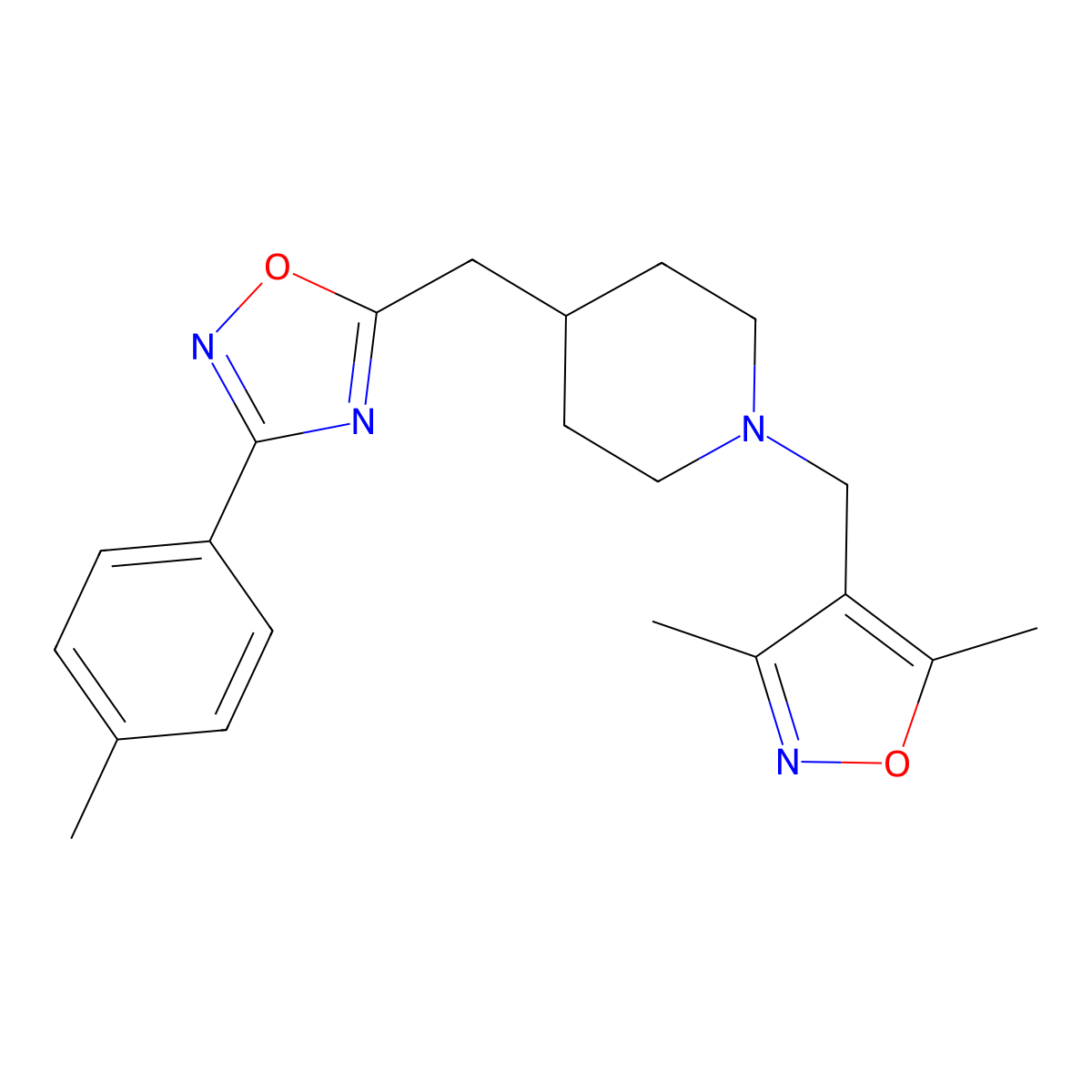 1-[(3,5-Dimethyl-1,2-oxazol-4-yl)methyl]-4-{[3-(4-methylphenyl)-1,2,4-oxadiazol-5-yl]methyl}piperidine molecular structure, CAS 2415570-73-7