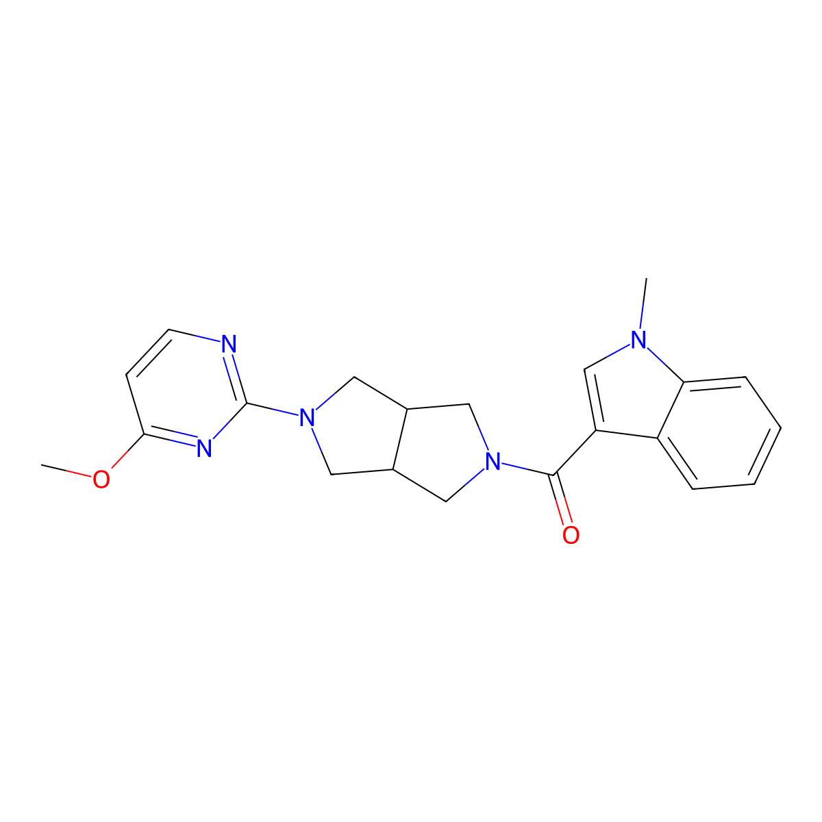 3-[5-(4-methoxypyrimidin-2-yl)-octahydropyrrolo[3,4-c]pyrrole-2-carbonyl]-1-methyl-1H-indole molecular structure, CAS 2415570-75-9