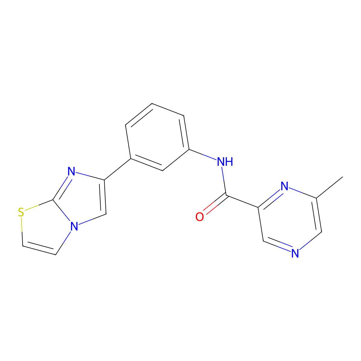 N-(3-{imidazo[2,1-b][1,3]thiazol-6-yl}phenyl)-6-methylpyrazine-2-carboxamide molecular structure, CAS 2415570-86-2