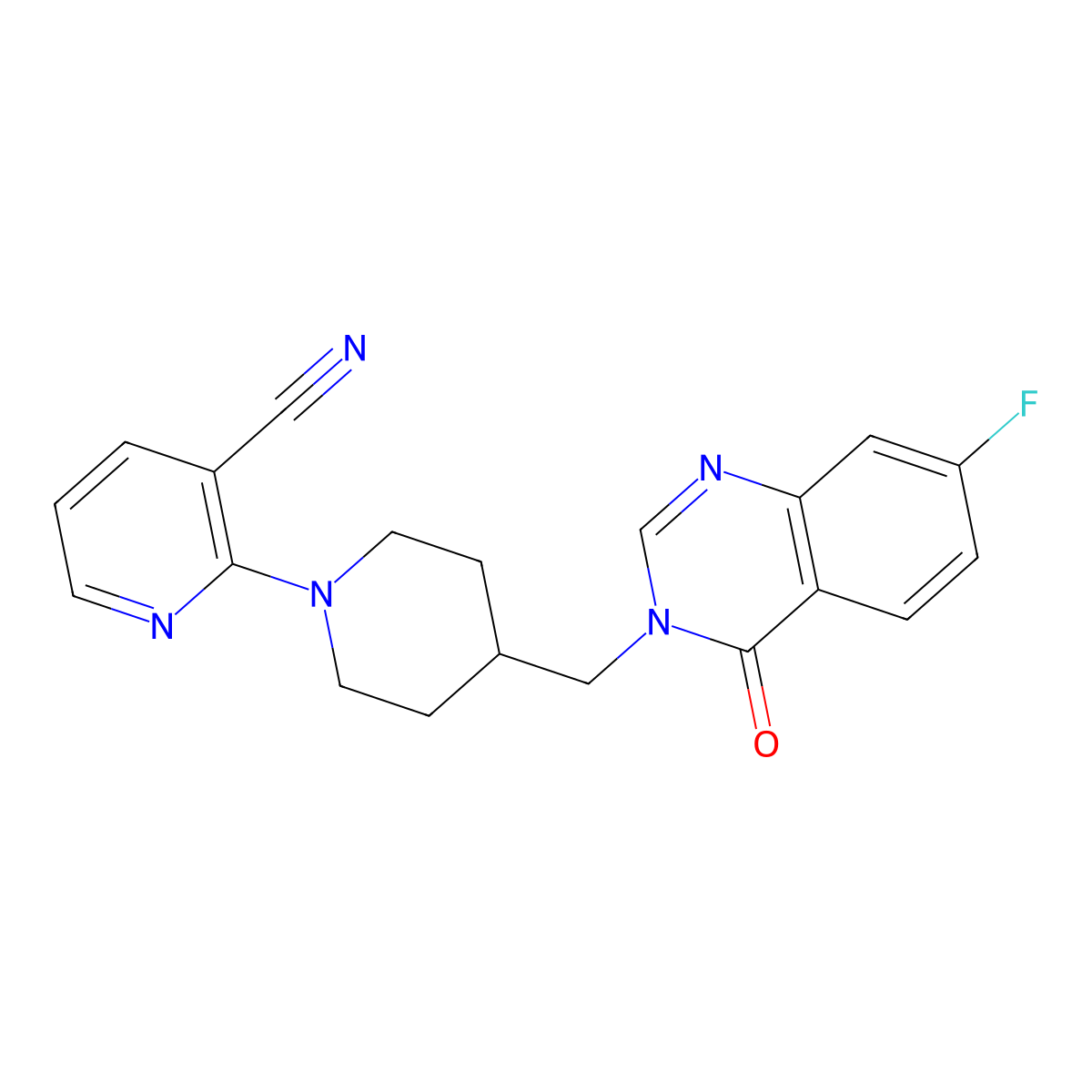 2-{4-[(7-Fluoro-4-oxo-3,4-dihydroquinazolin-3-yl)methyl]piperidin-1-yl}pyridine-3-carbonitrile molecular structure, CAS 2415570-87-3