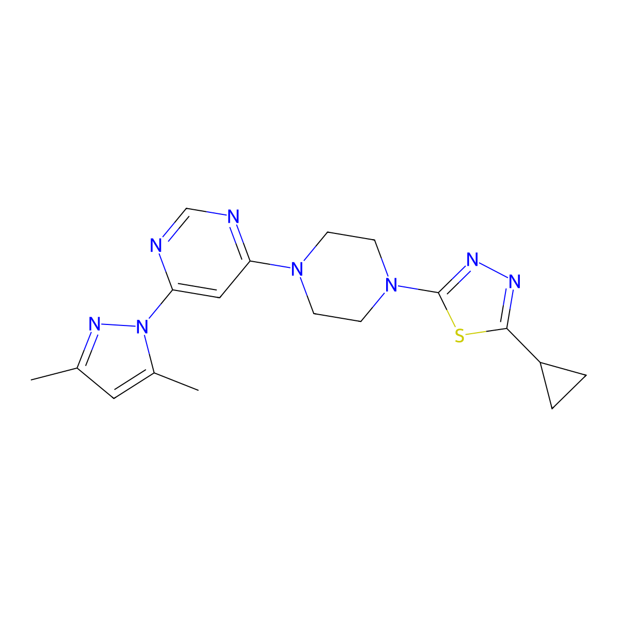 4-[4-(5-cyclopropyl-1,3,4-thiadiazol-2-yl)piperazin-1-yl]-6-(3,5-dimethyl-1H-pyrazol-1-yl)pyrimidine molecular structure, CAS 2415570-89-5