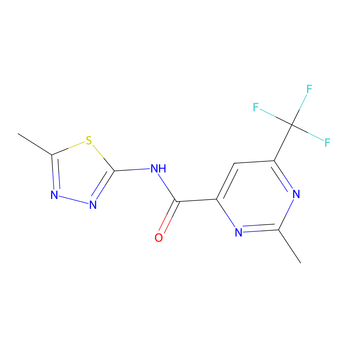 2-Methyl-N-(5-methyl-1,3,4-thiadiazol-2-yl)-6-(trifluoromethyl)pyrimidine-4-carboxamide molecular structure, CAS 2415570-94-2