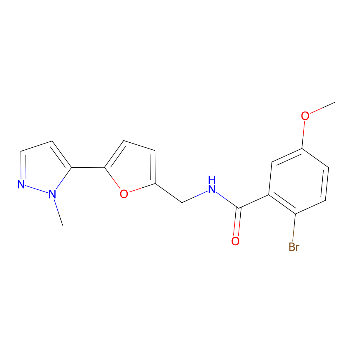 2-bromo-5-methoxy-N-{[5-(1-methyl-1H-pyrazol-5-yl)furan-2-yl]methyl}benzamide molecular structure, CAS 2415570-98-6