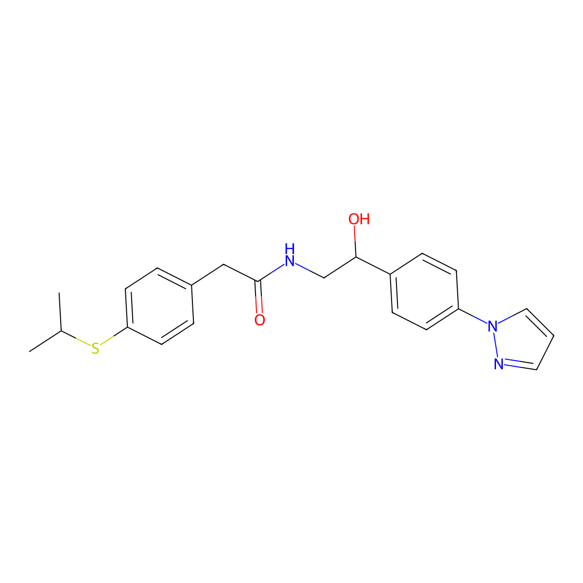 N-{2-hydroxy-2-[4-(1H-pyrazol-1-yl)phenyl]ethyl}-2-[4-(propan-2-ylsulfanyl)phenyl]acetamide molecular structure, CAS 2415571-03-6