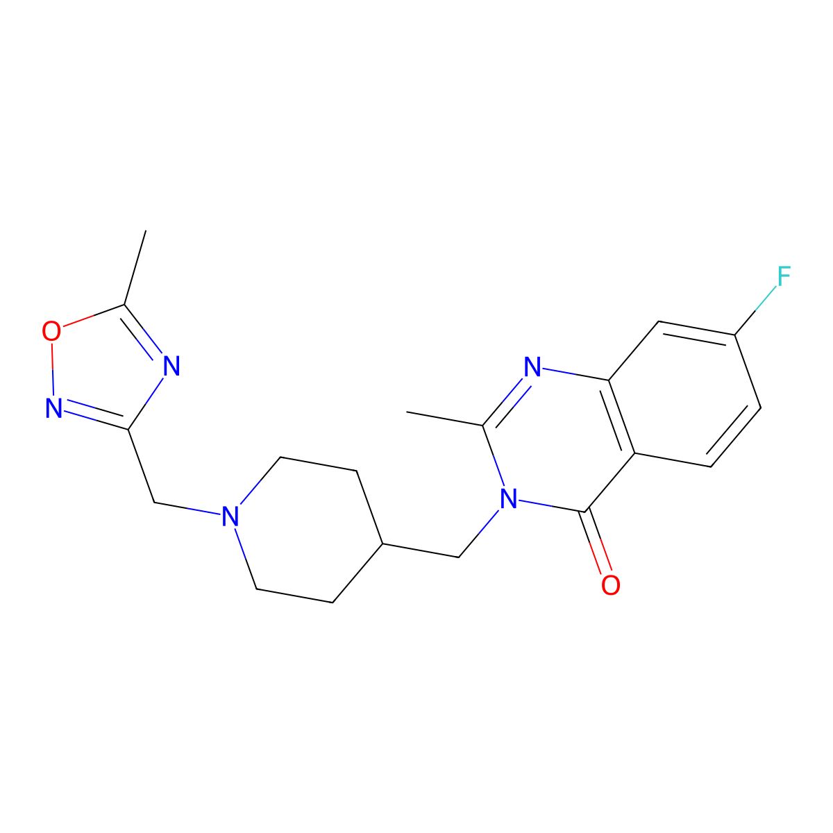 7-Fluoro-2-methyl-3-({1-[(5-methyl-1,2,4-oxadiazol-3-yl)methyl]piperidin-4-yl}methyl)-3,4-dihydroquinazolin-4-one molecular structure, CAS 2415571-08-1
