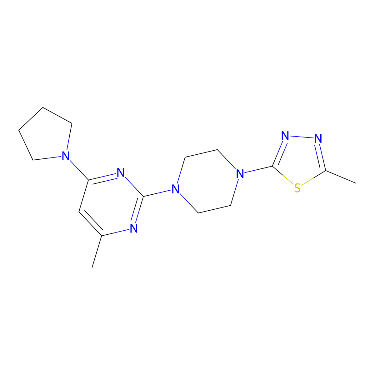4-Methyl-2-[4-(5-methyl-1,3,4-thiadiazol-2-yl)piperazin-1-yl]-6-(pyrrolidin-1-yl)pyrimidine molecular structure, CAS 2415571-12-7