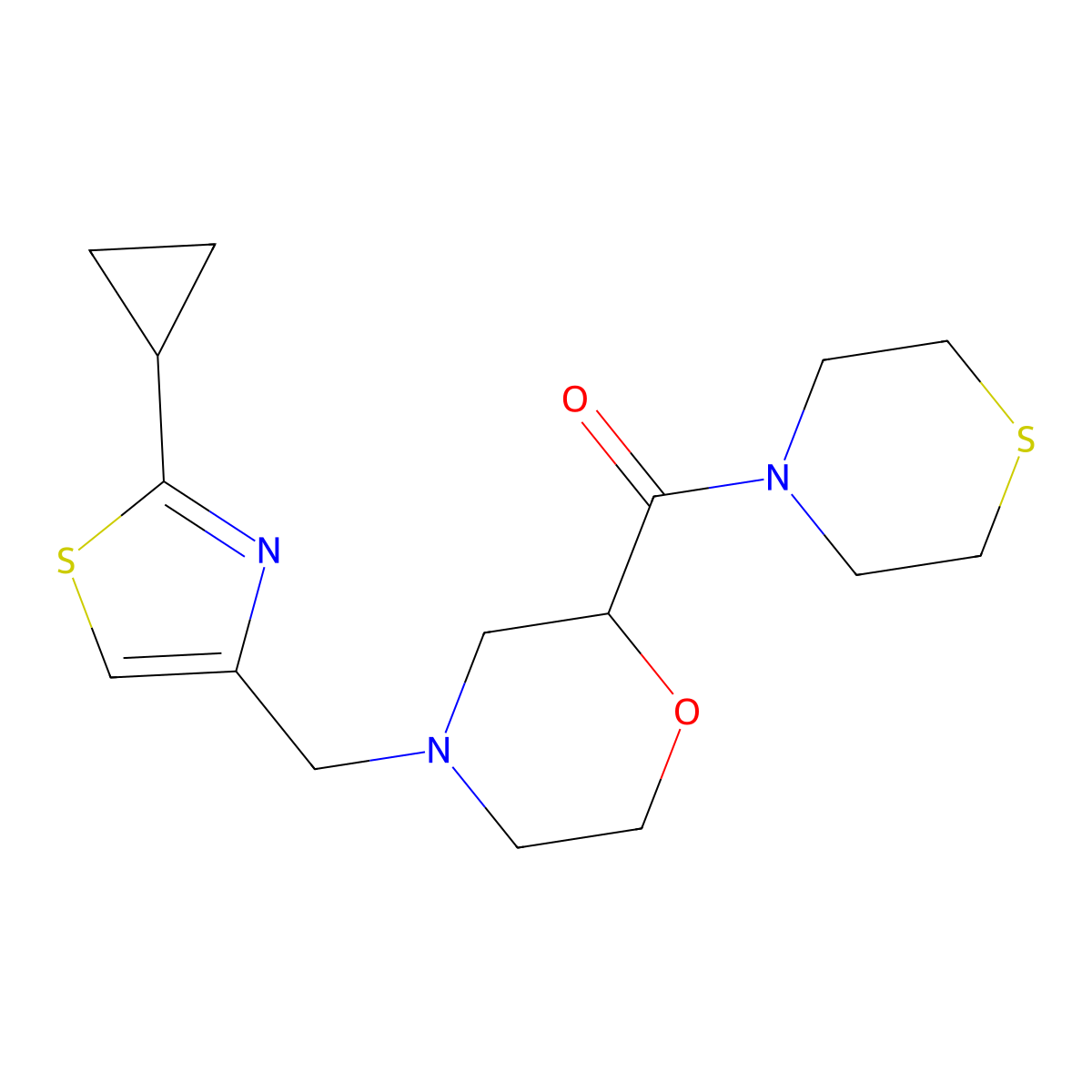 4-[(2-Cyclopropyl-1,3-thiazol-4-yl)methyl]-2-(thiomorpholine-4-carbonyl)morpholine molecular structure, CAS 2415571-23-0