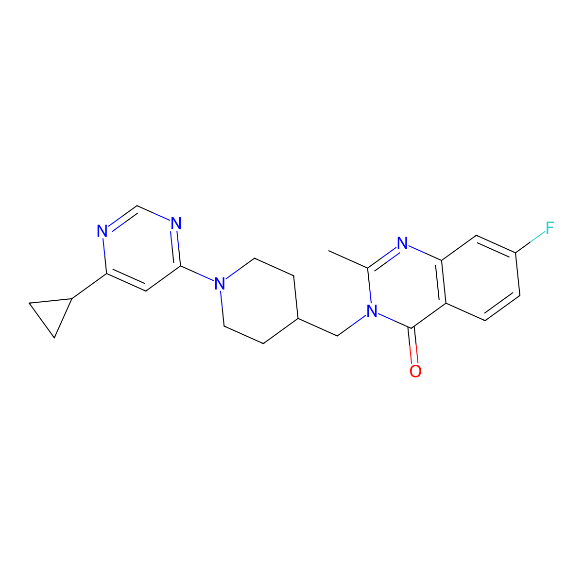 3-{[1-(6-Cyclopropylpyrimidin-4-yl)piperidin-4-yl]methyl}-7-fluoro-2-methyl-3,4-dihydroquinazolin-4-one molecular structure, CAS 2415571-24-1