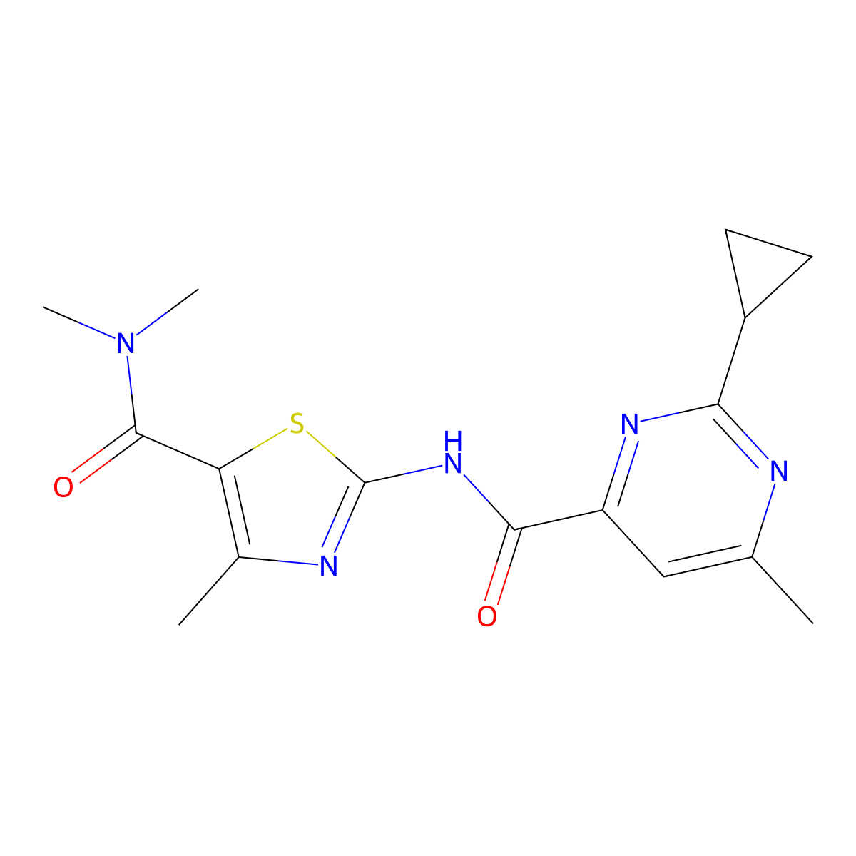 2-cyclopropyl-N-[5-(dimethylcarbamoyl)-4-methyl-1,3-thiazol-2-yl]-6-methylpyrimidine-4-carboxamide molecular structure, CAS 2415571-25-2