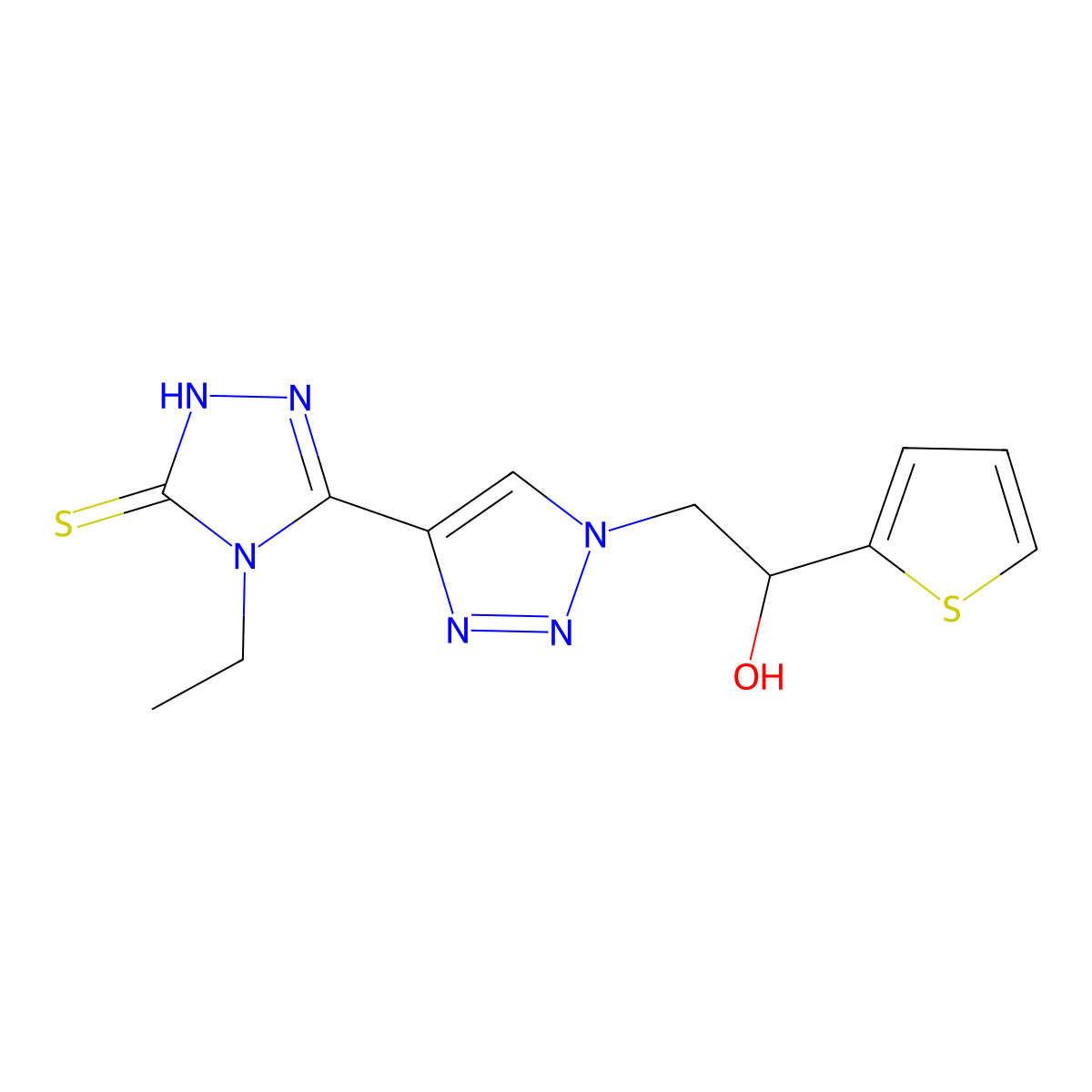 4-ethyl-3-{1-[2-hydroxy-2-(thiophen-2-yl)ethyl]-1H-1,2,3-triazol-4-yl}-4,5-dihydro-1H-1,2,4-triazole-5-thione molecular structure, CAS 2415571-26-3