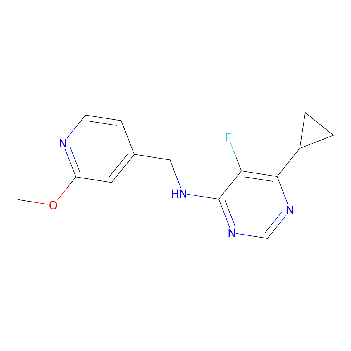 6-Cyclopropyl-5-fluoro-N-[(2-methoxypyridin-4-yl)methyl]pyrimidin-4-amine molecular structure, CAS 2415571-35-4