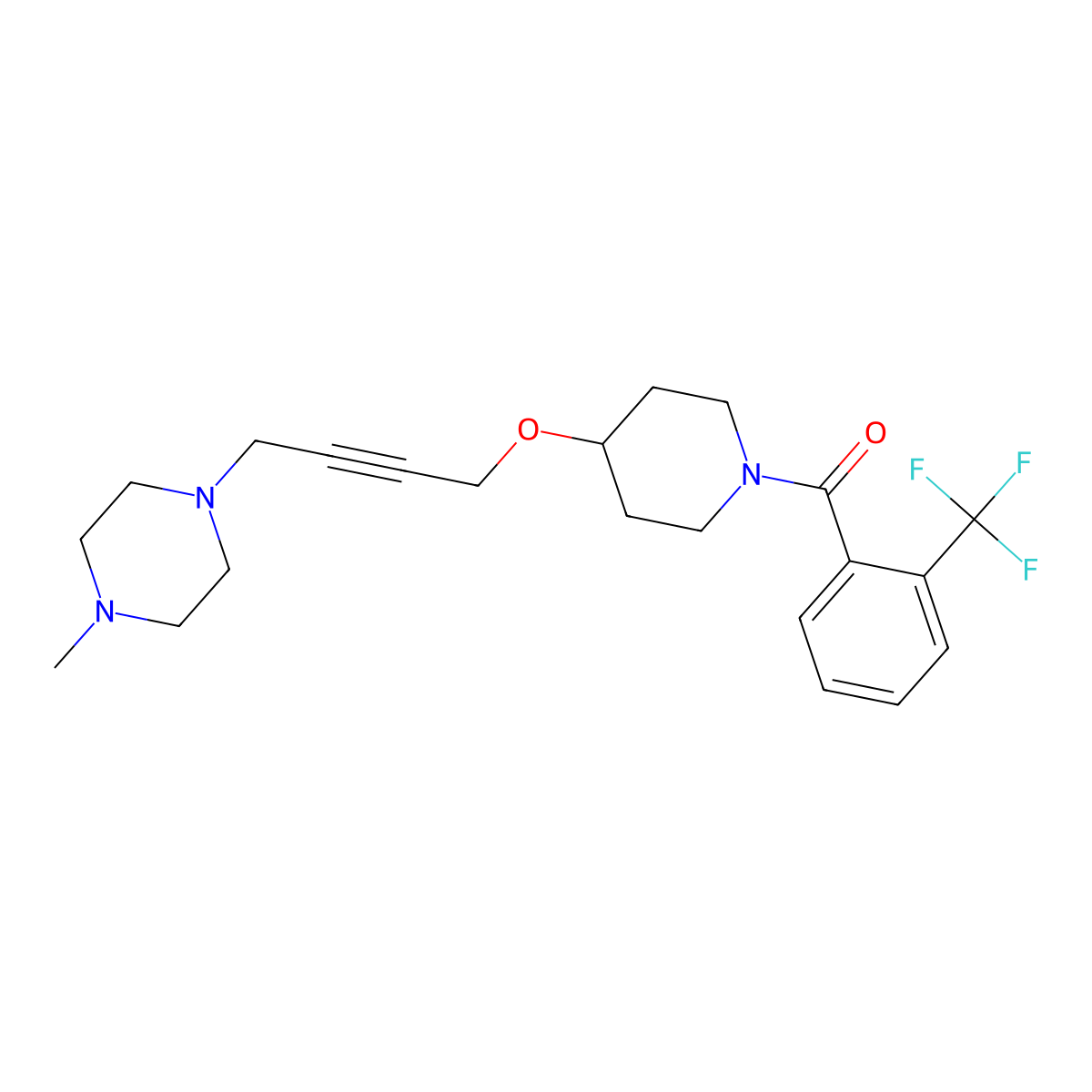 1-Methyl-4-[4-({1-[2-(trifluoromethyl)benzoyl]piperidin-4-yl}oxy)but-2-yn-1-yl]piperazine molecular structure, CAS 2415571-36-5