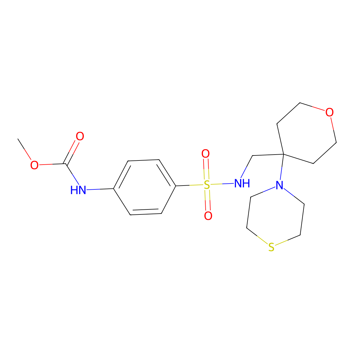 methyl N-[4-({[4-(thiomorpholin-4-yl)oxan-4-yl]methyl}sulfamoyl)phenyl]carbamate molecular structure, CAS 2415571-38-7