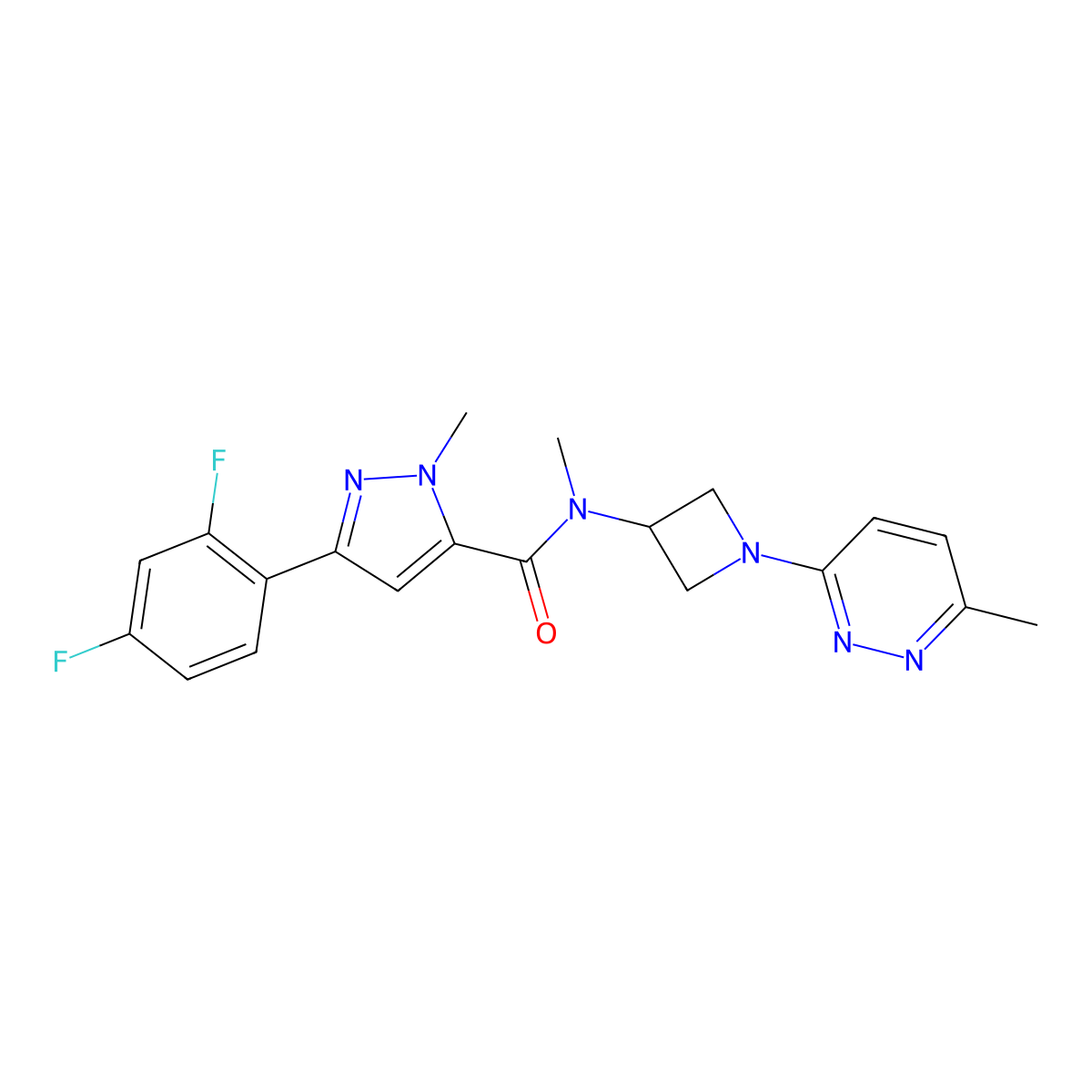 3-(2,4-difluorophenyl)-N,1-dimethyl-N-[1-(6-methylpyridazin-3-yl)azetidin-3-yl]-1H-pyrazole-5-carboxamide molecular structure, CAS 2415571-43-4
