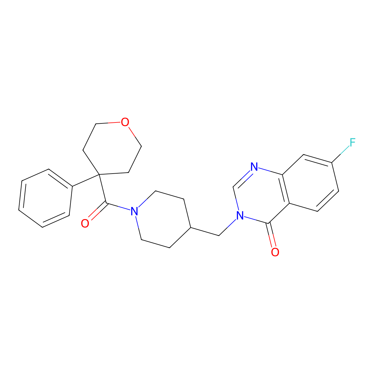7-Fluoro-3-{[1-(4-phenyloxane-4-carbonyl)piperidin-4-yl]methyl}-3,4-dihydroquinazolin-4-one molecular structure, CAS 2415571-55-8