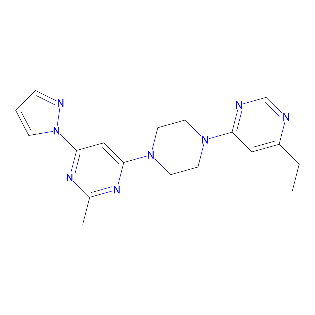 4-[4-(6-ethylpyrimidin-4-yl)piperazin-1-yl]-2-methyl-6-(1H-pyrazol-1-yl)pyrimidine molecular structure, CAS 2415571-62-7