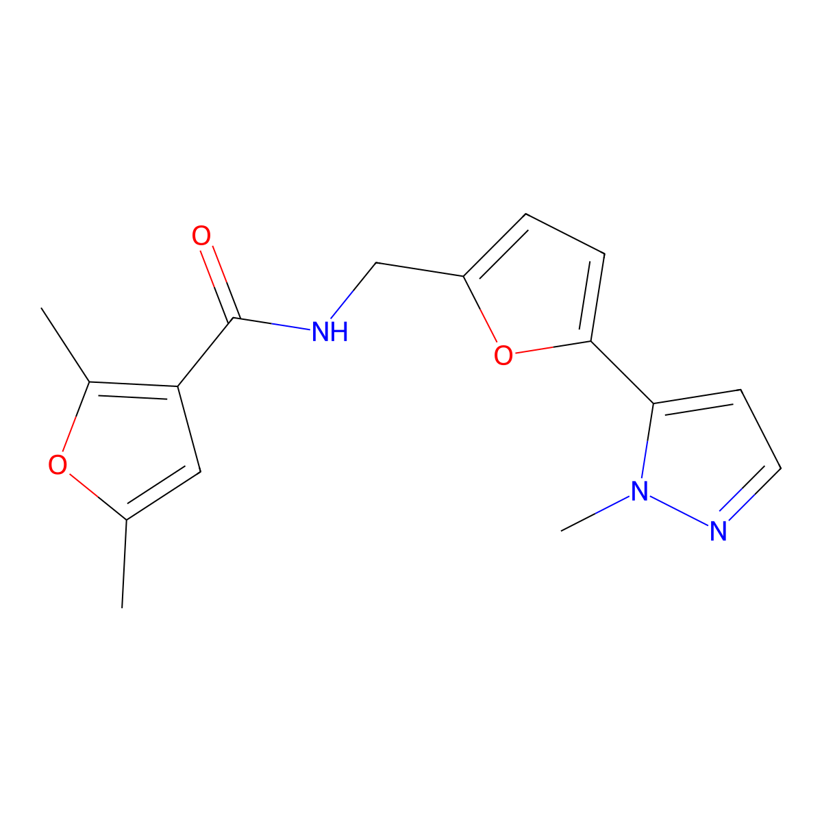 2,5-dimethyl-N-{[5-(1-methyl-1H-pyrazol-5-yl)furan-2-yl]methyl}furan-3-carboxamide molecular structure, CAS 2415571-66-1