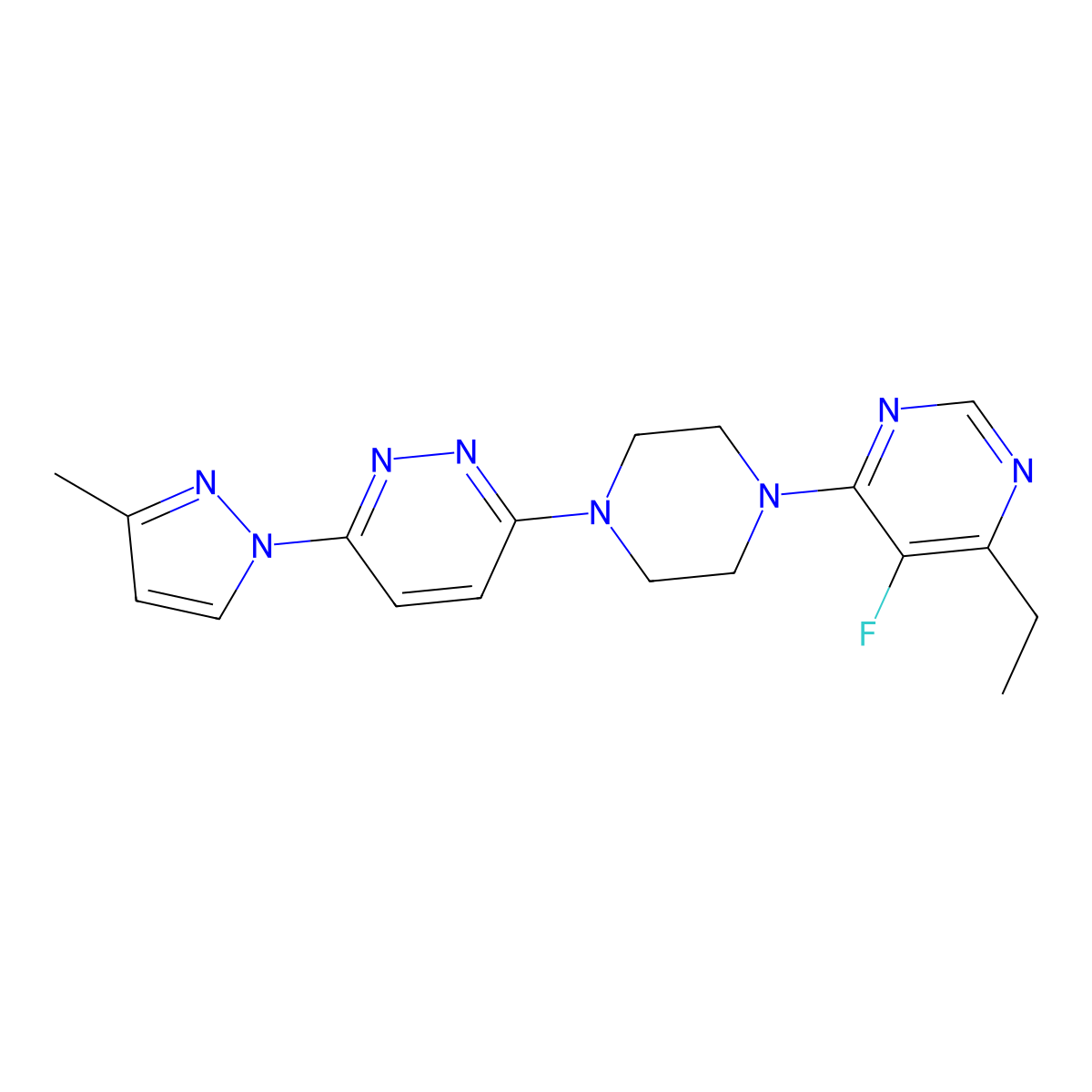 4-ethyl-5-fluoro-6-{4-[6-(3-methyl-1H-pyrazol-1-yl)pyridazin-3-yl]piperazin-1-yl}pyrimidine molecular structure, CAS 2415571-79-6