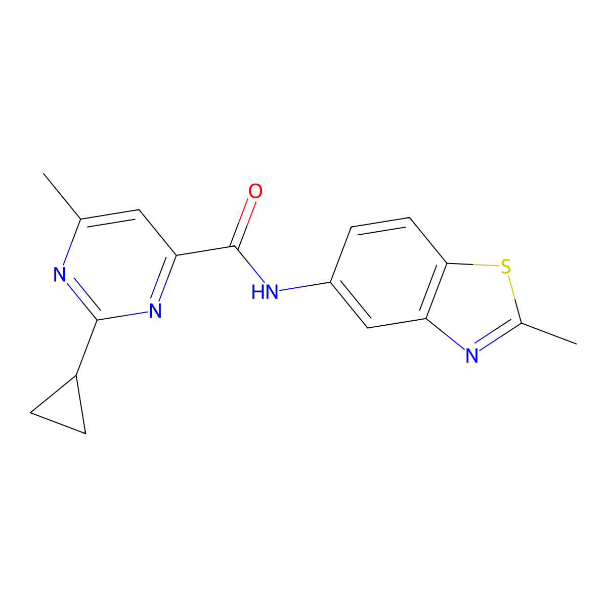 2-Cyclopropyl-6-methyl-N-(2-methyl-1,3-benzothiazol-5-yl)pyrimidine-4-carboxamide molecular structure, CAS 2415571-83-2