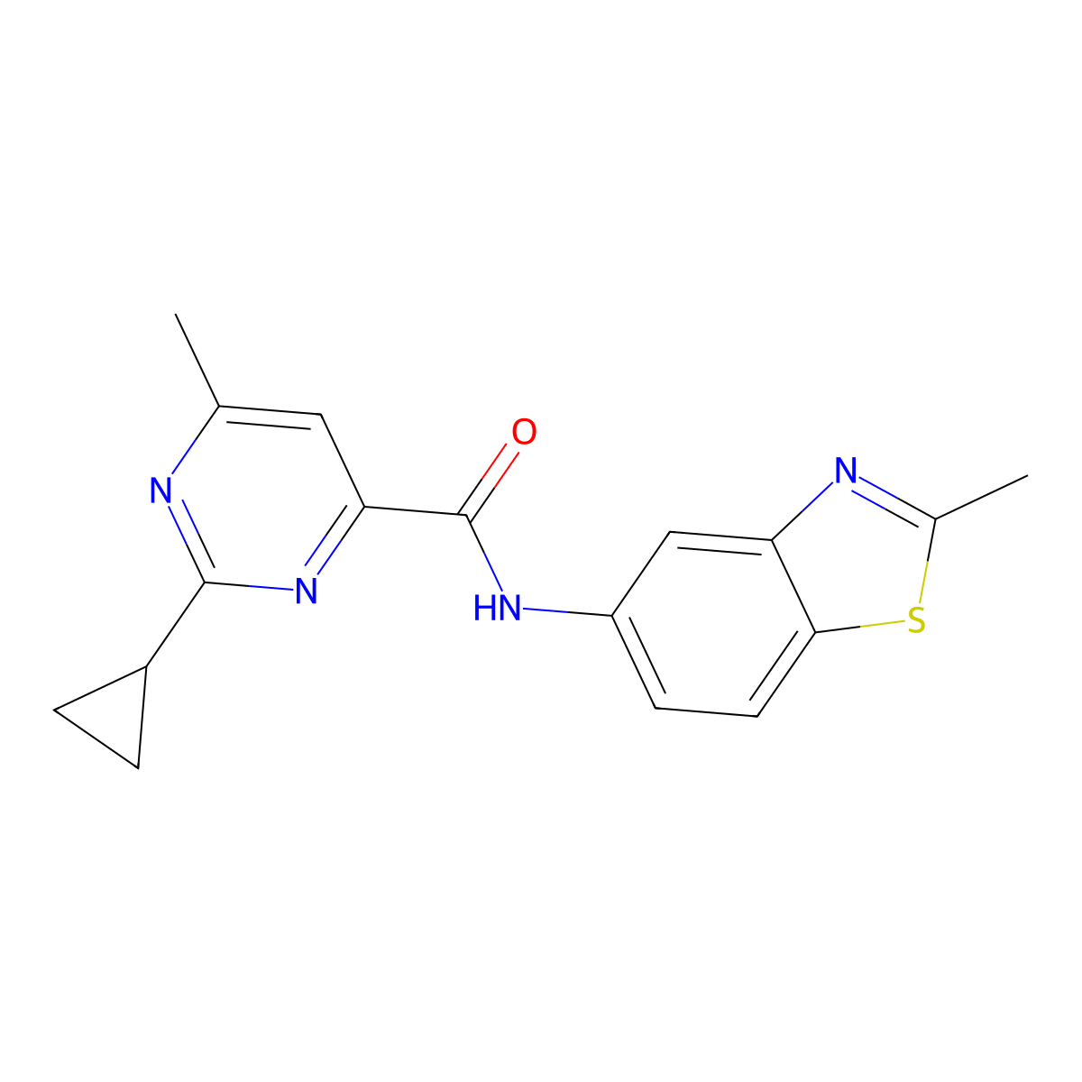 2-Cyclopropyl-6-methyl-N-(2-methyl-1,3-benzothiazol-5-yl)pyrimidine-4-carboxamide molecular structure, CAS 2415571-83-2
