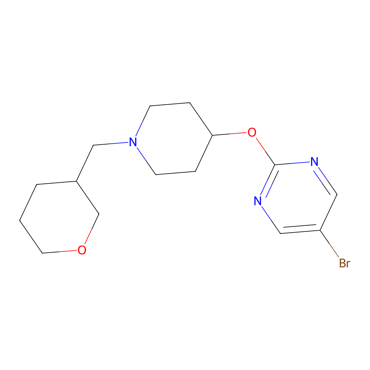 5-Bromo-2-({1-[(oxan-3-yl)methyl]piperidin-4-yl}oxy)pyrimidine molecular structure, CAS 2415572-00-6