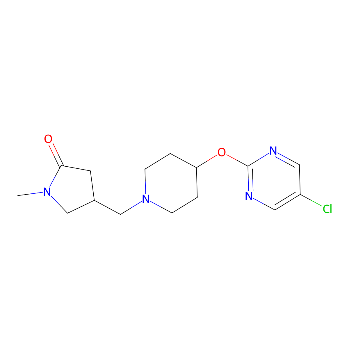 4-({4-[(5-Chloropyrimidin-2-yl)oxy]piperidin-1-yl}methyl)-1-methylpyrrolidin-2-one molecular structure, CAS 2415572-10-8