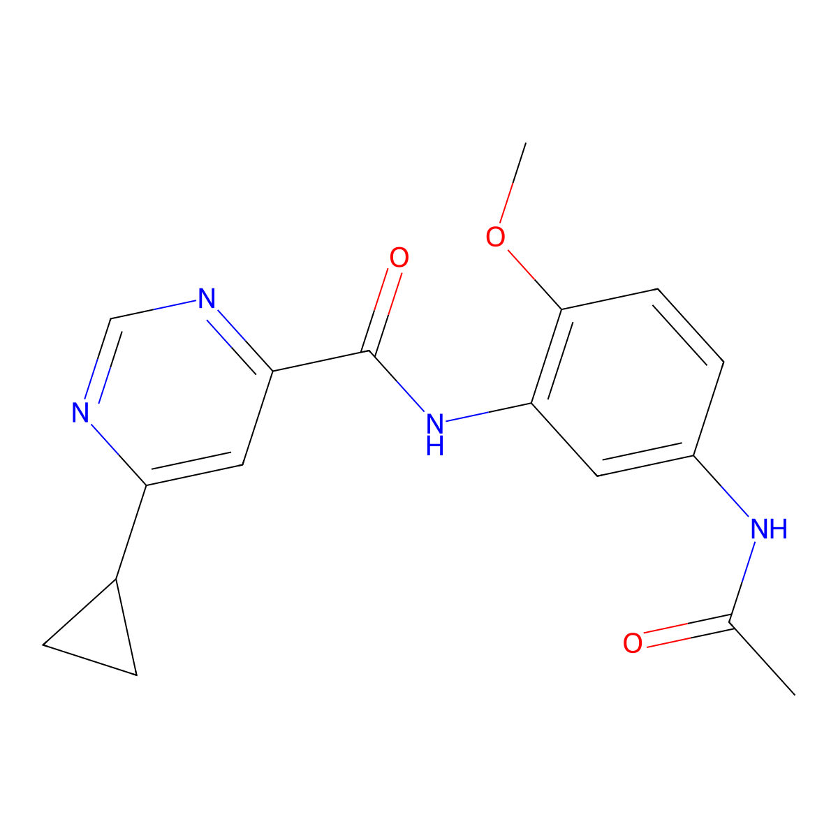 6-cyclopropyl-N-(5-acetamido-2-methoxyphenyl)pyrimidine-4-carboxamide molecular structure, CAS 2415572-17-5