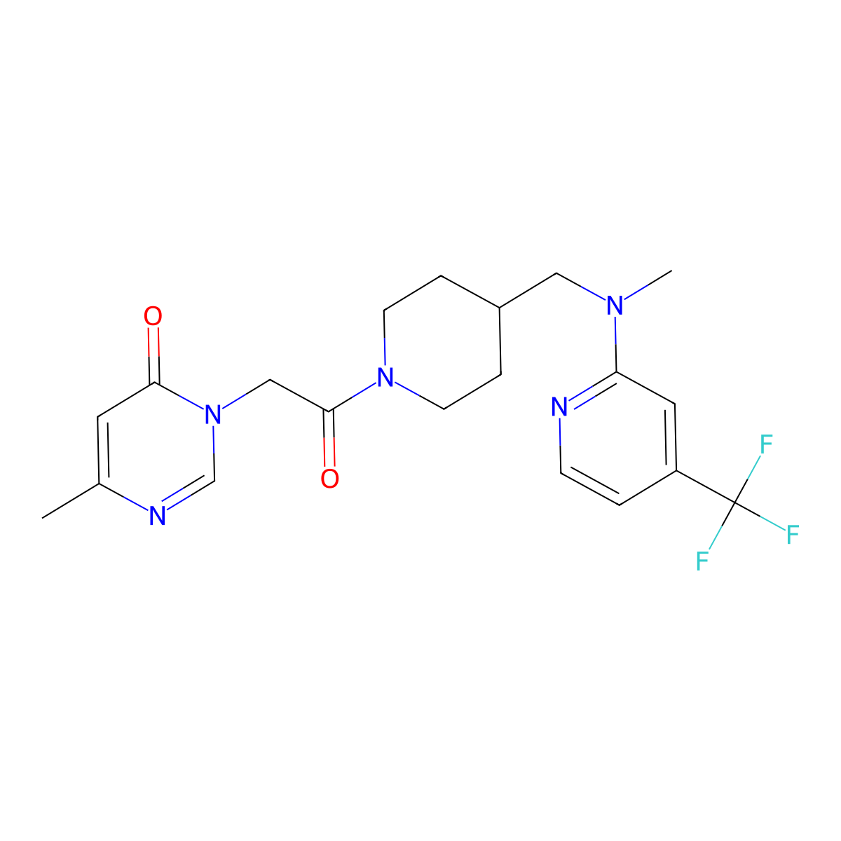 6-Methyl-3-{2-[4-({methyl[4-(trifluoromethyl)pyridin-2-yl]amino}methyl)piperidin-1-yl]-2-oxoethyl}-3,4-dihydropyrimidin-4-one molecular structure, CAS 2415572-22-2