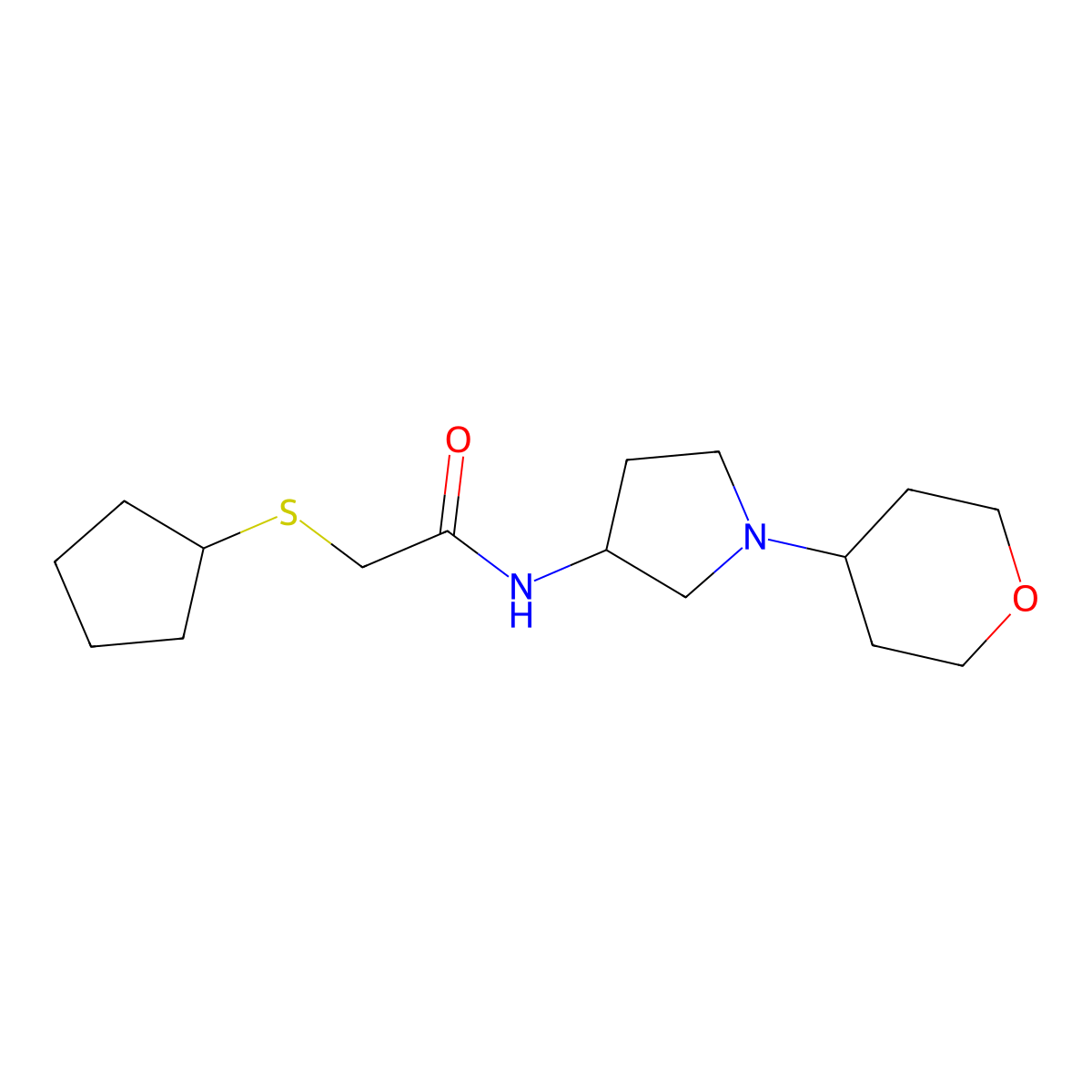 2-(cyclopentylsulfanyl)-N-[1-(oxan-4-yl)pyrrolidin-3-yl]acetamide molecular structure, CAS 2415572-26-6
