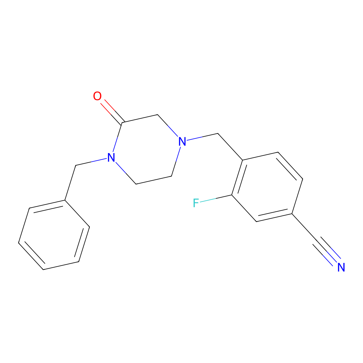 4-[(4-Benzyl-3-oxopiperazin-1-yl)methyl]-3-fluorobenzonitrile molecular structure, CAS 2415572-28-8