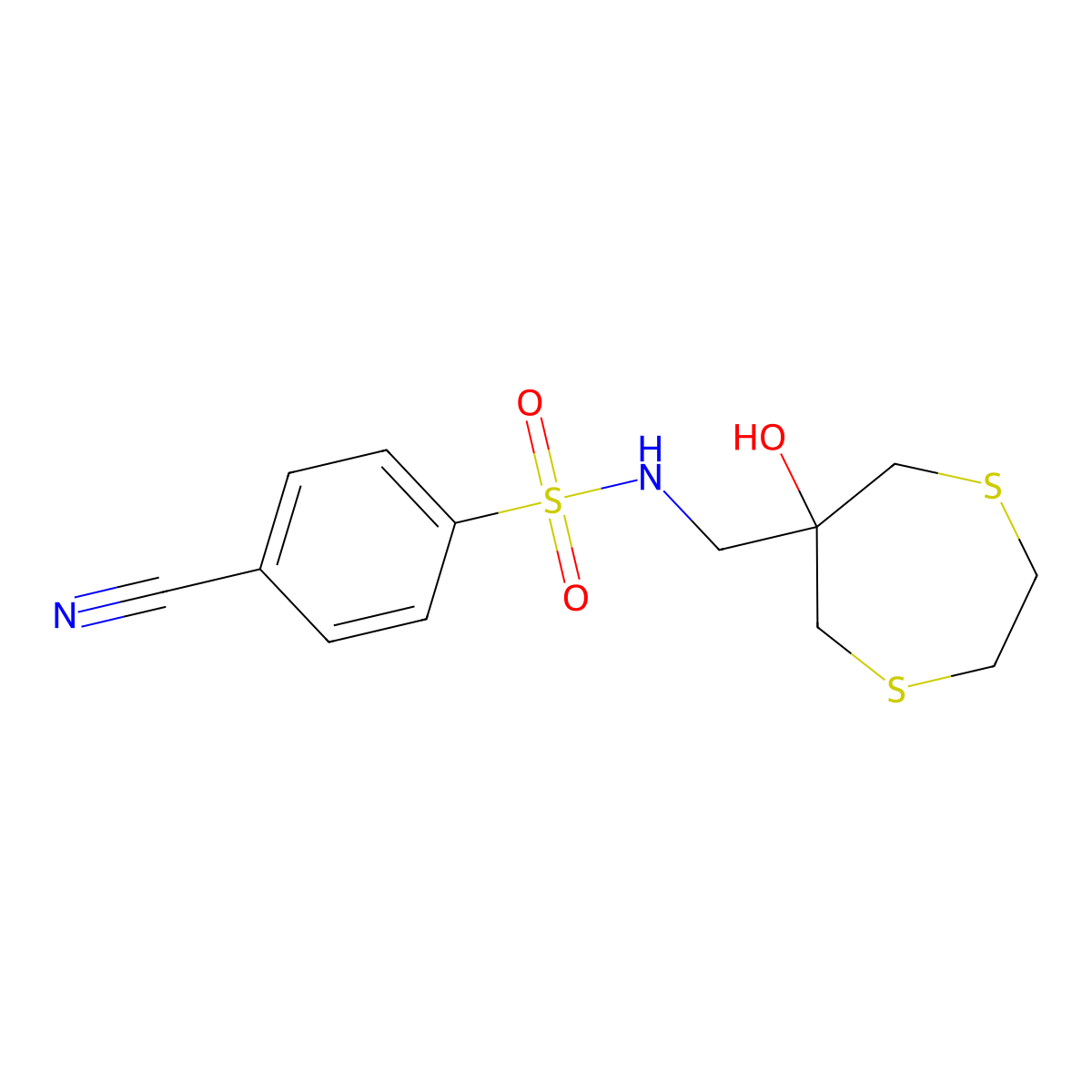 4-cyano-N-[(6-hydroxy-1,4-dithiepan-6-yl)methyl]benzene-1-sulfonamide molecular structure, CAS 2415572-29-9